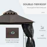 Outsunny 3 x 3 Meter Metal Gazebo Garden Outdoor 2-tier Roof Marquee Party Tent Canopy Pavillion Patio Shelter with Netting and Shelf Coffee