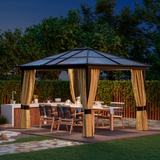 Outsunny 3.6 x 3(m) Polycarbonate Hardtop Gazebo with LED Solar Light and Aluminium Frame, Garden Pavilion with Mosquito Netting and Curtains