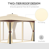 Outsunny 4 x 3(m) Patio Metal Gazebo, Garden Canopy Shelter with Double Tier Roof, Removable Netting and Curtains Marquee Tent, Khaki