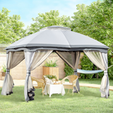 Outsunny 3.7 x 3(m) Metal Gazebo Canopy Party Tent Garden Patio Shelter with Netting Sidewalls & Double Tiered Roof, Grey