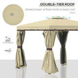 Outsunny 3 x 3(m) Patio Gazebo Canopy Garden Pavilion Tent Shelter with 2 Tier Water Repellent Roof, Mosquito Netting and Curtains, Aluminium Frame, Beige