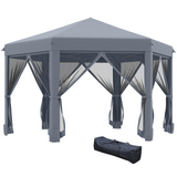 Outsunny 3.2m Pop Up Gazebo Hexagonal Canopy Tent Outdoor Sun Protection with Mesh Sidewalls, Handy Bag, Grey