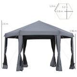 Outsunny 3.2m Pop Up Gazebo Hexagonal Canopy Tent Outdoor Sun Protection with Mesh Sidewalls, Handy Bag, Grey