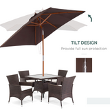 Outsunny 2m x 1.5m Patio Parasol Garden Umbrellas Sun Umbrella Bamboo Sunshade Canopy Outdoor Backyard Furniture Fir Wooden Pole 6 Ribs Tilt Mechanism - Coffee