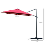 Outsunny 3(m) Cantilever Roma Parasol Garden Sun Umbrella Outdoor Patio with Crank & Tilt Aluminum Frame LED Solar Light Cross Base 360° Rotating, Red