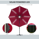 Outsunny 3(m) Cantilever Roma Parasol Garden Sun Umbrella Outdoor Patio with Crank & Tilt Aluminum Frame LED Solar Light Cross Base 360° Rotating, Red