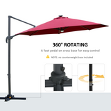 Outsunny 3(m) Cantilever Roma Parasol Garden Sun Umbrella Outdoor Patio with Crank & Tilt Aluminum Frame LED Solar Light Cross Base 360° Rotating, Red