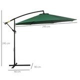 Outsunny 3(m) Garden Banana Parasol Hanging Cantilever Umbrella with Crank Handle, 8 Ribs and Cross Base for Outdoor, Sun Shade, Dark Green