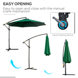 Outsunny 3(m) Garden Banana Parasol Hanging Cantilever Umbrella with Crank Handle, 8 Ribs and Cross Base for Outdoor, Sun Shade, Dark Green