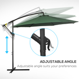 Outsunny 3(m) Garden Banana Parasol Hanging Cantilever Umbrella with Crank Handle, 8 Ribs and Cross Base for Outdoor, Sun Shade, Dark Green