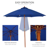 Outsunny 2.5m Wood Parasol Garden Sun Shade Patio Outdoor Market Umbrella Canopy with Top Vent, Blue