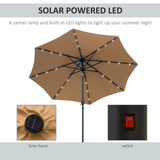 Outsunny 2.7m Patio Garden Umbrella Outdoor Parasol with Tilt Crank and 24 LEDs Lights (Brown)