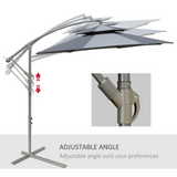 Outsunny 2.7m Garden Banana Parasol Cantilever Umbrella with Crank Handle, Double Tier Canopy and Cross Base for Outdoor, Hanging Sun Shade, Dark Grey