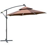 Outsunny 3(m) Cantilever Banana Parasol Hanging Umbrella with Double Roof, LED Solar lights, Crank, 8 Sturdy Ribs and Cross Base for Outdoor, Garden, Patio, Coffee