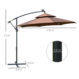 Outsunny 3(m) Cantilever Banana Parasol Hanging Umbrella with Double Roof, LED Solar lights, Crank, 8 Sturdy Ribs and Cross Base for Outdoor, Garden, Patio, Coffee