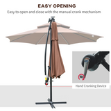 Outsunny 3(m) Cantilever Banana Parasol Hanging Umbrella with Double Roof, LED Solar lights, Crank, 8 Sturdy Ribs and Cross Base for Outdoor, Garden, Patio, Coffee