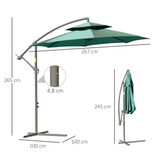 Outsunny 2.7m Garden Banana Parasol Cantilever Umbrella with Crank Handle, Double Tier Canopy and Cross Base for Outdoor, Hanging Sun Shade, Green