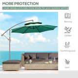 Outsunny 2.7m Garden Banana Parasol Cantilever Umbrella with Crank Handle, Double Tier Canopy and Cross Base for Outdoor, Hanging Sun Shade, Green