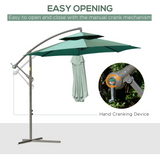 Outsunny 2.7m Garden Banana Parasol Cantilever Umbrella with Crank Handle, Double Tier Canopy and Cross Base for Outdoor, Hanging Sun Shade, Green