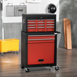 DURHAND Tool Cabinet Cart, Workshop Trolley on Wheels, 6 Drawer with Ball Bearing Slides, Lockable Roll Cab, Black and Red