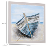 HOMCOM Hand-Painted Canvas Wall Art Blue Boat in the Beach, Wall Pictures for Living Room Bedroom Decor, 90 x 90 cm