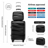 K2094L - Kono 14/20 Inch Lightweight Polypropylene Hard Shell 2 Piece Suitcase Set With TSA Lock And Vanity Case - Black