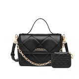 LT2201 - Miss Lulu Diamond Quilted Leather Chain Shoulder Bag - Black