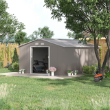 Outsunny 13 x 11ft Garden Metal Storage Shed Outdoor Storage Shed with Foundation Ventilation & Doors, Light Grey