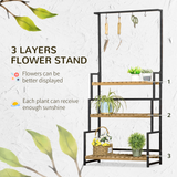 Outsunny Tall Plant Stand with Hanging Hooks, 3 Tiered Plant Rack for Indoor Outdoor Porch Balcony Living Room Bedroom