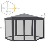 Outsunny 4M Netting Gazebo Hexagon Tent Patio Canopy Outdoor Shelter Party Activities Shade Resistant (Grey)