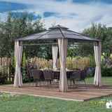 Outsunny 3 x 3 (m) Outdoor Polycarbonate Gazebo, Double Roof Hard Top Gazebo with Galvanized Steel Frame, Nettings & Curtains, for Garden, Lawn, Backyard and Deck