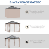 Outsunny 3 x 3 (m) Outdoor Polycarbonate Gazebo, Double Roof Hard Top Gazebo with Galvanized Steel Frame, Nettings & Curtains, for Garden, Lawn, Backyard and Deck