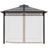 Outsunny 3 x 3 (m) Outdoor Polycarbonate Gazebo, Double Roof Hard Top Gazebo with Galvanized Steel Frame, Nettings & Curtains, for Garden, Lawn, Backyard and Deck