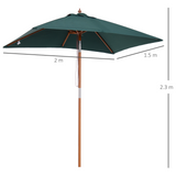 Outsunny 2m x 1.5m Patio Parasol Garden Umbrellas Sun Umbrella Bamboo Sunshade Canopy Outdoor Backyard Furniture Fir Wooden Pole 6 Ribs Tilt Mechanism - Green