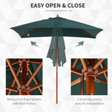 Outsunny 2m x 1.5m Patio Parasol Garden Umbrellas Sun Umbrella Bamboo Sunshade Canopy Outdoor Backyard Furniture Fir Wooden Pole 6 Ribs Tilt Mechanism - Green