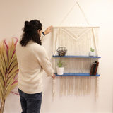 Natural Macrame Hanging Shelves - Blue