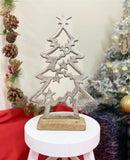 Silver Christmas Tree & Stars On Wooden Base