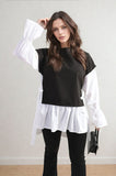 Side Tie Contrast Long Sleeve Knit Frill Top