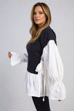 Side Tie Contrast Long Sleeve Knit Frill Top