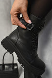 Lace Up Buckle Chunky Combat Boots