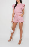 Plain Frill Peplum Sleeve Top Shorts Co-ord Set