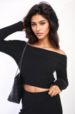 Knitted Long Sleeves Cropped Off Shoulder Top and Trousers Co-ord Set