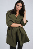 Roll Tab Sleeve Drawstring Waist Open Front Trench Coat Jacket