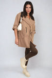 Roll Tab Sleeve Drawstring Waist Open Front Trench Coat Jacket