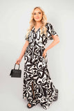 Printed Short Sleeve Button Down V-Neck Maxi Dress
