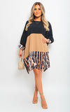 Long Sleeve Leopard Trim Print Oversized Mini Dress