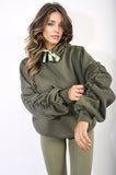 Oversized Ruched Sleeves Knitted Hoodie with Ribbon Detail