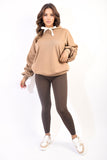 Oversized Ruched Sleeves Knitted Hoodie with Ribbon Detail