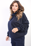 Oversized Ruched Sleeves Knitted Hoodie with Ribbon Detail