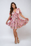 Floral V-Neck Tie Waist Mini Dress